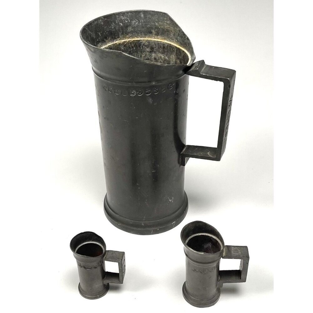 3pc Antique PEWTER 1/2 Liter 2 Centiliter & 1 Centiliter Dutch? MUGS Angel Touch